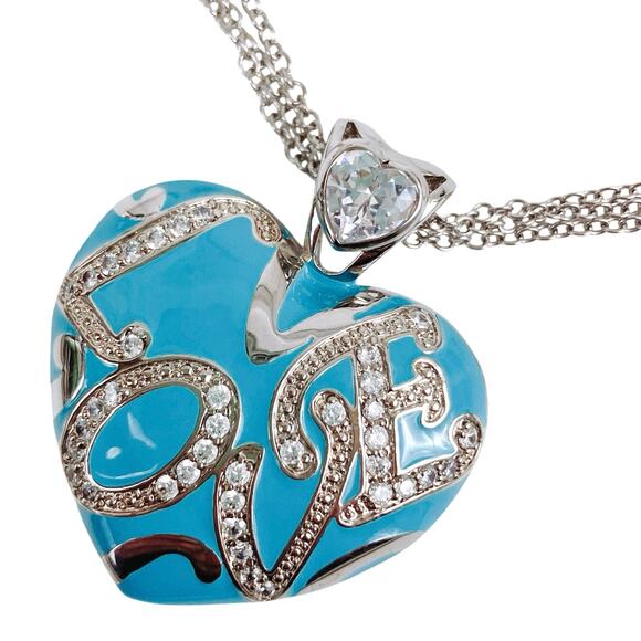 PJM Blue Enamel Heart Love Pendant Necklace CZ/Crystal Rhinestones Reversible - Picture 1 of 13